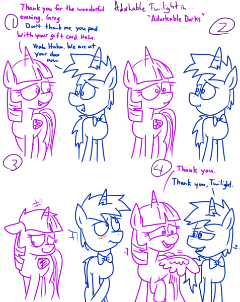 Size: 1280x1611 | Tagged: safe, artist:adorkabletwilightandfriends, derpibooru import, twilight sparkle, twilight sparkle (alicorn), oc, oc:greg, alicorn, pony, comic:adorkable twilight and friends, adorkable twilight, awkward, awkward moment, blushing, comic, cute, date, lineart, romance, simple background, slice of life