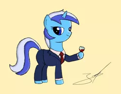 Size: 1927x1492 | Tagged: alcohol, artist:derpyjoel, business suit, classy, clothes, derpibooru import, drink, eye contact, hoof hold, minuette, necktie, safe, solo, tuxedo, wine