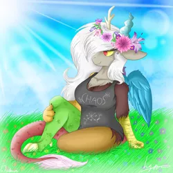 Size: 1000x1000 | Tagged: anthro, artist:wintaura, beautiful, busty eris, chaos, clothes, colorful, derpibooru import, discord, eris, field, flower, flower in hair, relaxing, rule 63, safe, shirt, sitting, sky, snaggletooth, solo, sun, wings