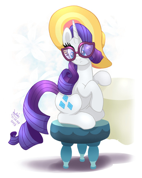 Size: 1600x2000 | Tagged: artist:joakaha, derpibooru import, every little thing she does, glasses, hat, rarity, safe, solo, stool