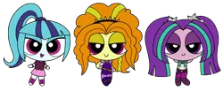 Size: 1500x616 | Tagged: safe, artist:syggie, derpibooru import, adagio dazzle, aria blaze, sonata dusk, equestria girls, alpha channel, checkered background, cute, female, lidded eyes, looking at you, powerpuffified, simple background, the dazzlings, the powerpuff girls, transparent background