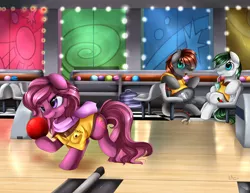 Size: 3519x2718 | Tagged: safe, artist:pridark, derpibooru import, oc, unofficial characters only, earth pony, pony, beverage, bowling, bowling alley, bowling ball, clothes, commission, cup, drinking, sitting, straw, trio