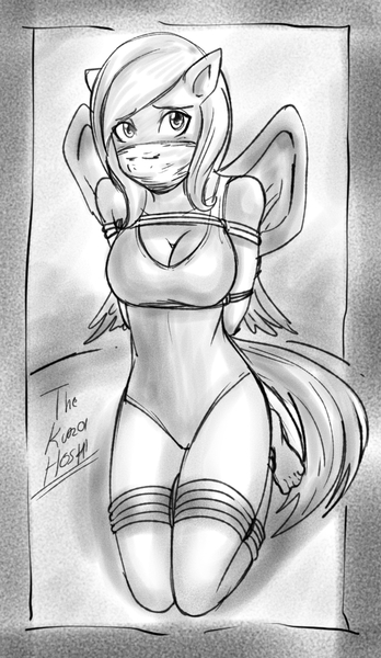 Size: 590x1018 | Tagged: anthro, arm behind back, artist:dakuroihoshi, bondage, bound wings, breast bondage, breasts, cleavage, clothes, cloth gag, derpibooru import, female, gag, grayscale, knee tied, monochrome, oc, oc:violet, one-piece swimsuit, pegasus, plantigrade anthro, solo, solo female, suggestive, swimsuit, tied up, unofficial characters only