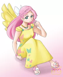 Size: 1538x1884 | Tagged: artist:tears-of-xion, butterfly, clothes, derpibooru import, dress, feet, female, fluttershy, gala dress, human, humanized, looking at you, safe, sandals, sitting, solo, winged humanization