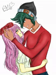 Size: 768x1024 | Tagged: safe, artist:brickercupmasterx3, derpibooru import, fluttershy, timber spruce, equestria girls, legend of everfree, blushing, embrace, flower, flower in hair, height difference, looking at each other, male, shipping, straight, timbershy, waifu thief, wreath, yaoi hands