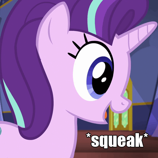 Size: 507x508 | Tagged: safe, derpibooru import, edit, edited screencap, screencap, starlight glimmer, pony, unicorn, every little thing she does, animated, caption, cute, dilated pupils, female, gif, glimmerbetes, invisible stallion, mare, open mouth, smiling, solo, squeak, text, wide eyes