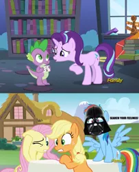 Size: 1500x1851 | Tagged: angry, applejack, artist:titanium-pony, card, darth vader, derpibooru import, edit, edited screencap, every little thing she does, fluttershy, male, rainbow dash, safe, screencap, screencap comic, shipping, sparlight, spike, starlight glimmer, starlight's room, star wars, straight, yelling