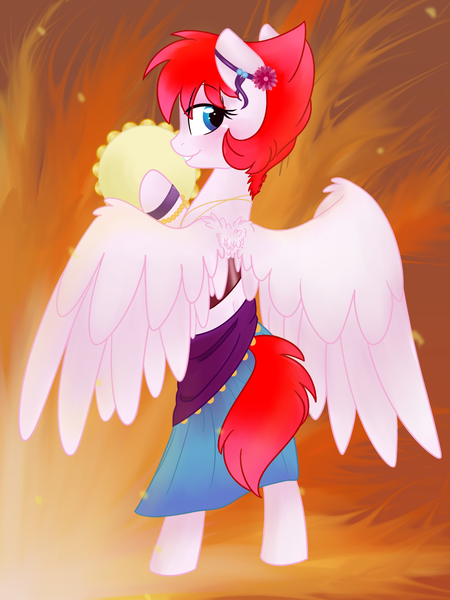 Size: 1198x1598 | Tagged: safe, artist:pigzfairy, derpibooru import, oc, oc:fire blossom, unofficial characters only, pony, bipedal, clothes, musical instrument, solo, tambourine