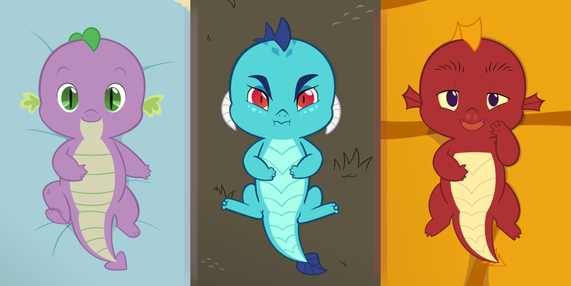 Size: 900x451 | Tagged: safe, artist:queencold, derpibooru import, garble, princess ember, spike, oc, oc:caldera, dragon, baby, baby dragon, baby spike, blanket, claw, collage, cute, emberbetes, gardorable, grumpy, happy, pelt, rug, spikabetes, tired, younger