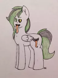 Size: 384x512 | Tagged: safe, artist:kryptorthekreator, derpibooru import, oc, oc:ataxia izumishi, unofficial characters only, pegasus, pony, fangs, long tongue, sly, solo, tongue out, traditional art