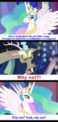 Size: 960x2010 | Tagged: caption, derpibooru import, discord, donald trump, dungeons and discords, edit, edited screencap, hillary clinton, no second prances, politics, princess celestia, quote, safe, screencap, text, the return of harmony, twilight's castle