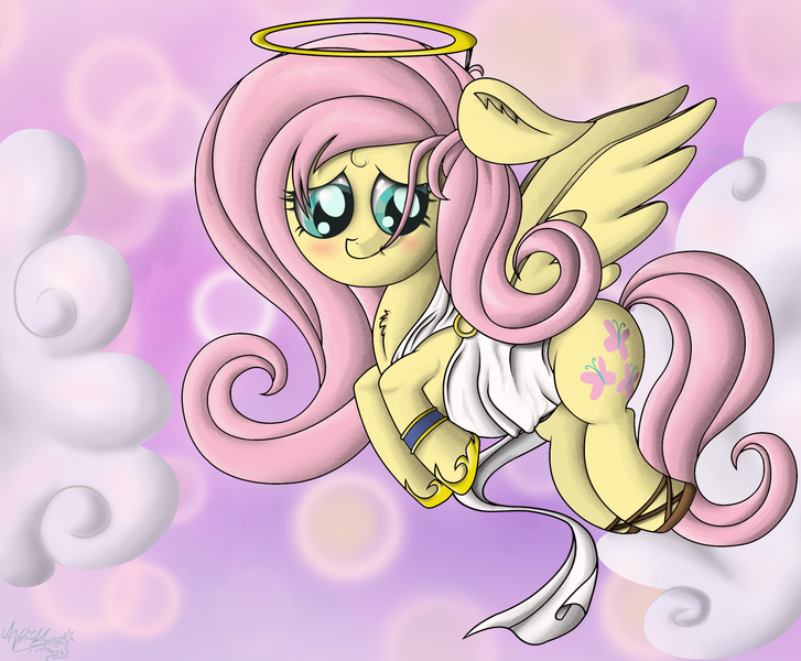 Size: 2151x1776 | Tagged: angel, artist:zsparkonequus, blushing, clothes, cute, derpibooru import, fluttershy, fluttershy the angel, flying, heaven, looking down, safe, shy, shyabetes, smiling, solo