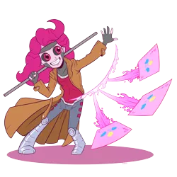 Size: 1280x1280 | Tagged: safe, artist:alonelyplacetodraw, artist:raph13th, derpibooru import, pinkie pie, human, equestria girls, legend of everfree, badass, black sclera, clothes, crossover, fingerless gloves, gambit, gloves, imminent explosion, red eyes, solo, x-men