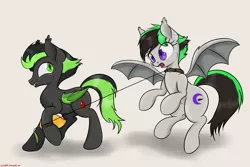 Size: 3000x2000 | Tagged: safe, artist:orang111, derpibooru import, oc, oc:gothic, oc:greenlel, unofficial characters only, bat pony, pony, collar, food, mango, requested art, wires