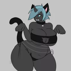 Size: 1037x1031 | Tagged: anthro, anthro oc, bandeau, belly button, big breasts, black underwear, boob window, bra, breasts, cat ears, cat keyhole bra set, cat lingerie, cat tail, changeling, chubby, chunkling, cleavage, clothes, derpibooru import, female, lingerie, oc, oc:freyja, panties, plump, side knot underwear, solo, solo female, suggestive, thunder thighs, underwear, unofficial characters only, wide hips