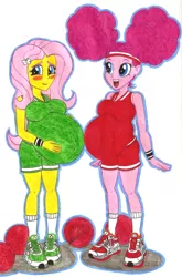 Size: 4315x6536 | Tagged: safe, artist:metaldudepl666, derpibooru import, fluttershy, pinkie pie, buckball season, equestria girls, absurd resolution, alternate hairstyle, ball, belly, big belly, blushing, breasts, buckball, buckball uniform, busty fluttershy, busty pinkie pie, clothes, crayon drawing, excited, female, fetish, large belly, looking at you, open mouth, pinktails pie, preggy pie, pregnant, shorts, shy, smiling, sneakers, sneakers fetish, socks, tanktop
