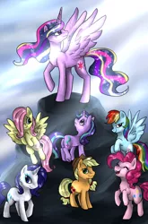 Size: 988x1499 | Tagged: safe, artist:not-ordinary-pony, derpibooru import, applejack, fluttershy, pinkie pie, rainbow dash, rarity, starlight glimmer, twilight sparkle, twilight sparkle (alicorn), alicorn, earth pony, pegasus, pony, unicorn, ethereal mane, female, mane six, mare, older, rainbow power, ultimate twilight