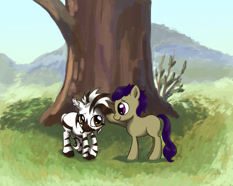 Size: 2953x2362 | Tagged: safe, artist:colourbee, derpibooru import, oc, unofficial characters only, earth pony, pony, zebra, cute, female, filly, shy, tail between legs, tree