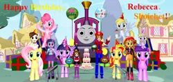 Size: 1630x775 | Tagged: safe, artist:mario-mcfly, derpibooru import, amethyst star, derpy hooves, dinky hooves, fluttershy, pinkie pie, pipsqueak, sunset shimmer, twilight sparkle, twilight sparkle (alicorn), pony, equestria girls, 3d, hat, human ponidox, lady (thomas and the magic railroad), mario, mmd, party hat, rebecca shoichet, self ponidox, thomas and the magic railroad, voice actor joke