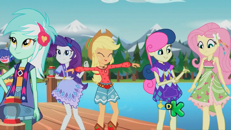 Size: 1920x1080 | Tagged: safe, derpibooru import, screencap, applejack, bon bon, fluttershy, lyra heartstrings, rarity, sweetie drops, equestria girls, legend of everfree, camp fashion show outfit, discovery kids