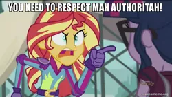 Size: 800x450 | Tagged: safe, derpibooru import, edit, edited screencap, screencap, sci-twi, sunset shimmer, twilight sparkle, equestria girls, friendship games, caption, eric cartman, image macro, meme, respect my authoritah, respect my authority, south park, sunset yells at twilight