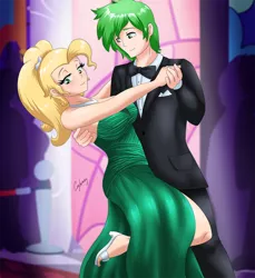 Size: 900x984 | Tagged: alternate hairstyle, applejack, applejewel, applespike, artist:thebrokencog, bare shoulders, clothes, dancing, derpibooru import, dress, grand galloping gala, green dress, high heels, human, humanized, male, older, older spike, safe, sandals, shipping, sleeveless, spike, straight, strapless