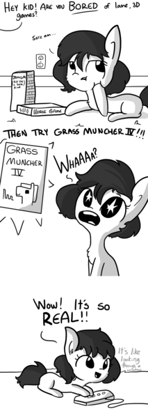 Size: 1080x3048 | Tagged: safe, artist:tjpones, derpibooru import, oc, unofficial characters only, earth pony, pony, horse wife, chest fluff, comic, controller, dialogue, ear fluff, female, game, grass muncher iv, grayscale, jenga, mare, monochrome, offscreen character, simple background, solo, starry eyes, the simpsons, video game, white background, wingding eyes