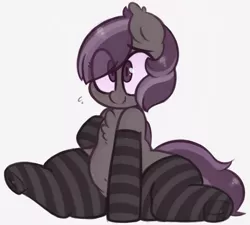 Size: 738x665 | Tagged: suggestive, artist:toroitimu, derpibooru import, oc, oc:iris, unofficial characters only, bat pony, pony, belly button, chest fluff, chubby, clothes, cute, female, plump, smiling, socks, solo, solo female, striped socks, underhoof