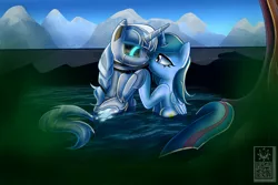 Size: 3600x2400 | Tagged: safe, artist:elmutanto, derpibooru import, oc, oc:sapphire sky, oc:twibot, unofficial characters only, pony, robot, unicorn, kissing, oc x oc, romance, shipping, water