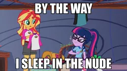 Size: 1920x1080 | Tagged: suggestive, derpibooru import, edit, edited screencap, screencap, sci-twi, sunset shimmer, twilight sparkle, equestria girls, legend of everfree, caption, discovery kids, image macro, lip bite, meme