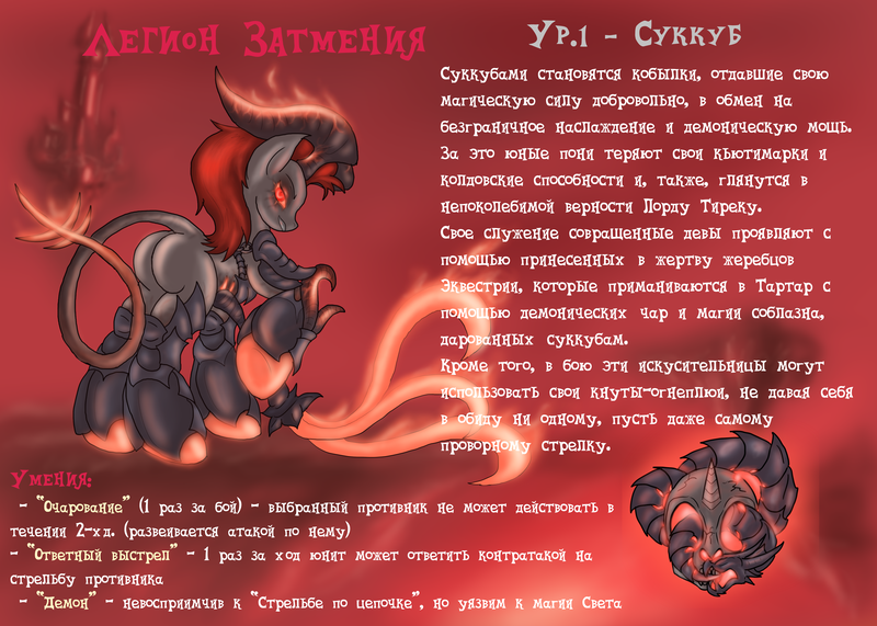 Size: 3499x2499 | Tagged: safe, artist:cyrilunicorn, derpibooru import, demon, demon pony, succubus, crossover, heroes of might and magic, might and magic, russian, text, whip