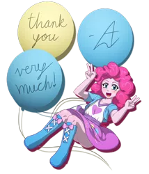 Size: 1200x1400 | Tagged: safe, artist:acesrockz, derpibooru import, pinkie pie, equestria girls, balloon, blushing, boots, clothes, cute, diapinkes, high heel boots, high heels, looking at you, open mouth, peace sign, schrödinger's pantsu, simple background, skirt, skirt lift, smiling, solo, transparent background, upskirt