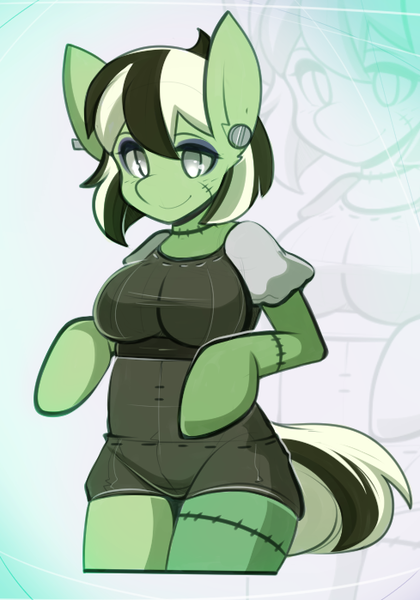 Size: 489x699 | Tagged: anthro, anthro oc, arm hooves, artist:koimii, big breasts, breasts, derpibooru import, female, oc, oc:spare parts, solo, solo female, suggestive, unguligrade anthro, unofficial characters only, zombie