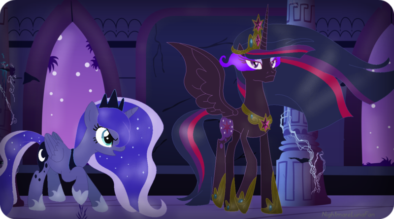 Size: 1024x568 | Tagged: safe, artist:nightmarelunafan, derpibooru import, princess luna, twilight sparkle, twilight sparkle (alicorn), alicorn, pony, corrupted, corrupted twilight sparkle, nightmare twilight, nightmarified, sombra eyes, tyrant sparkle