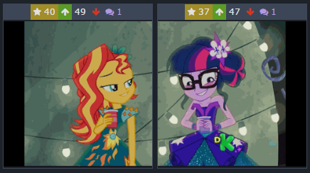 Size: 436x244 | Tagged: safe, derpibooru import, edit, edited screencap, screencap, sci-twi, sunset shimmer, twilight sparkle, derpibooru, equestria girls, legend of everfree, discovery kids, juxtaposition, juxtaposition win, meme, meta