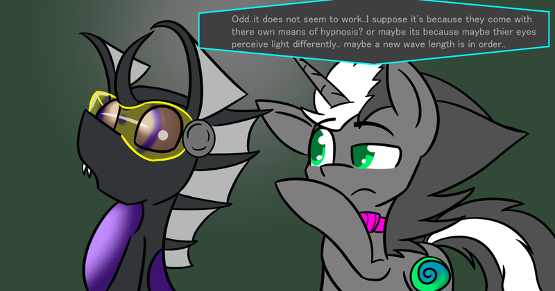 Size: 1280x672 | Tagged: suggestive, artist:askhypnoswirl, derpibooru import, oc, oc:hypno swirl, oc:memorynumber, unofficial characters only, changeling, pony, unicorn, changeling oc, dialogue, hypnogear, purple changeling, tech control