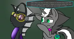 Size: 1280x672 | Tagged: suggestive, artist:askhypnoswirl, derpibooru import, oc, oc:hypno swirl, oc:memorynumber, unofficial characters only, changeling, pony, unicorn, changeling oc, dialogue, hypnogear, purple changeling, tech control