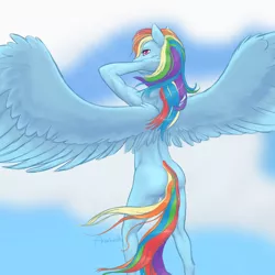 Size: 1000x1000 | Tagged: anthro, artist:arareroll, casual nudity, cloud, derpibooru import, female, flying, large wings, nudity, rainbow dash, sky, solo, solo female, spread wings, suggestive