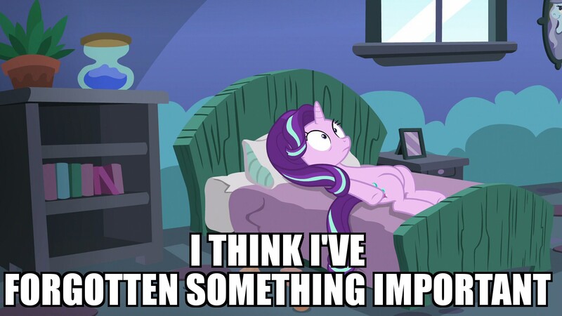 Size: 1920x1080 | Tagged: bed, caption, derpibooru import, edit, edited screencap, every little thing she does, hourglass, image macro, meme, plant, safe, screencap, solo, starlight bedridden, starlight glimmer, starlight's room, thousand yard stare, window