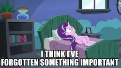 Size: 1920x1080 | Tagged: bed, caption, derpibooru import, edit, edited screencap, every little thing she does, hourglass, image macro, meme, plant, safe, screencap, solo, starlight bedridden, starlight glimmer, starlight's room, thousand yard stare, window
