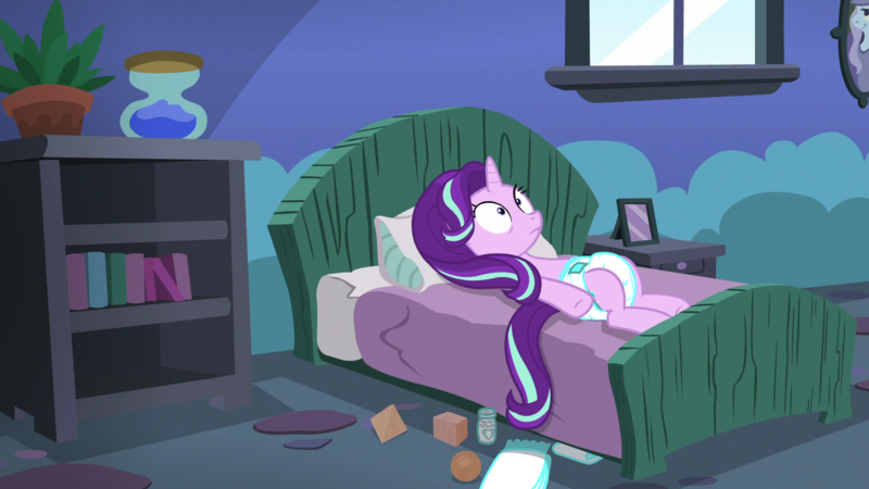 Size: 1920x1080 | Tagged: artist:twilights-secret, baby powder, bed, derpibooru import, diaper, diaper edit, diaper fetish, edit, edited screencap, every little thing she does, fetish, foal powder, hourglass, on back, plant, questionable, screencap, solo, starlight bedridden, starlight glimmer, starlight's room, thousand yard stare, window