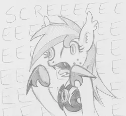 Size: 1003x921 | Tagged: artist needed, safe, derpibooru import, oc, oc:vannie, unofficial characters only, bat pony, pony, armor, black and white, derp, eeee, fangs, female, grayscale, mare, monochrome, night guard, open mouth, screaming, skree, solo, tongue out, wide eyes
