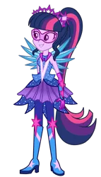 Size: 2000x3500 | Tagged: safe, artist:mixiepie, derpibooru import, sci-twi, twilight sparkle, equestria girls, legend of everfree, boots, clothes, crystal guardian, crystal wings, geode of telekinesis, glasses, high heel boots, magical geodes, ponied up, ponytail, scitwilicorn, simple background, smiling, solo, sparkles, transparent background, vector, wings
