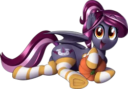 Size: 2518x1748 | Tagged: safe, artist:january3rd, derpibooru import, oc, oc:spotlight splash, unofficial characters only, bat pony, pony, equestria daily, clothes, cute, equestria daily mascots, food, mascot, plot, pumpkin, simple background, socks, solo, striped socks, tail wrap, transparent background, underhoof