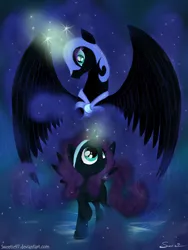 Size: 1200x1600 | Tagged: safe, artist:sweeterwho, derpibooru import, nightmare moon, oc, oc:nyx, alicorn, pony, fanfic:past sins, alicorn oc, dark, ethereal mane, fanfic art, female, filly, foal, glowing horn, horn, magic, mare, night, nightmare nyx, slit pupils, starry mane, two sides