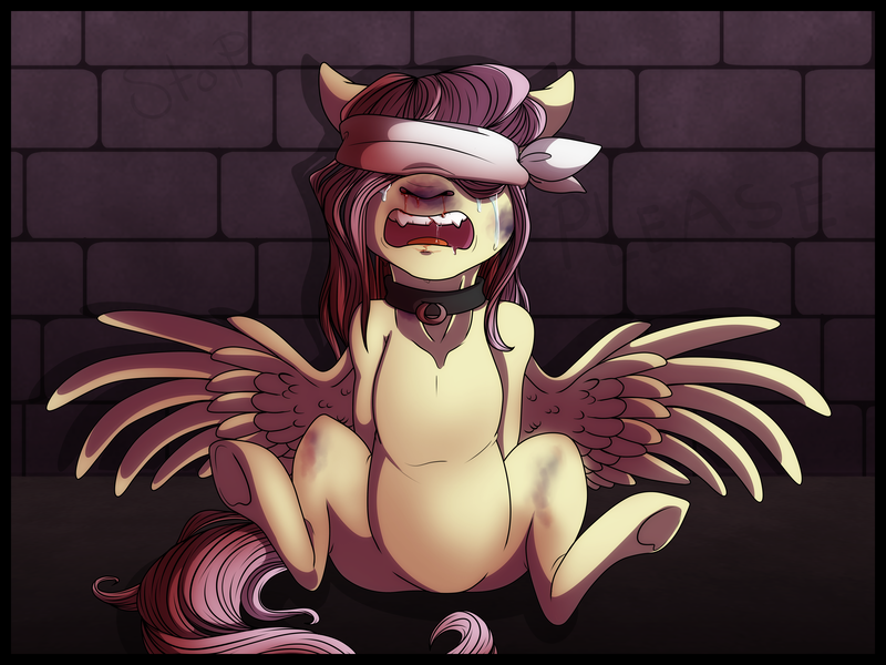 Size: 8000x6000 | Tagged: absurd resolution, abuse, artist:elskafox, blindfold, blood, collar, crying, derpibooru import, fluttershy, grimdark, grotesque, sitting, solo, spread wings