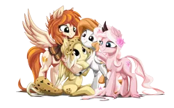 Size: 2560x1600 | Tagged: safe, artist:mysticalpha, artist:xsidera, derpibooru import, oc, oc:arvensis, oc:chocolate chip, oc:weary blossom, unofficial characters only, food pony, original species, pegasus, pony, clothes, colored wings, colored wingtips, female, flower, flower in hair, food, group, hug, jewelry, mare, scarf, yin-yang