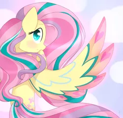 Size: 1000x960 | Tagged: safe, artist:ultrard, derpibooru import, fluttershy, pegasus, pony, blushing, colored pupils, cute, female, heart eyes, hoof on chin, looking at you, looking back, mare, rainbow power, shyabetes, solo, spread wings, wingding eyes