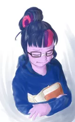 Size: 550x900 | Tagged: safe, artist:amazingpuffhair, derpibooru import, sci-twi, twilight sparkle, equestria girls, book, clothes, crossed arms, depressed, depression, eyes closed, glasses, hoodie, paper, sad, solo