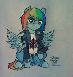 Size: 1892x1992 | Tagged: artist:willisninety-six, black flag, clothes, dead kennedys, derpibooru import, ear piercing, earring, jewelry, minor threat, patch, piercing, punk, rainbow dash, rebel, safe, solo, traditional art, union jack, wing piercing